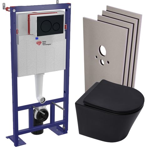 Swiss Aqua Technologies Pack WC bâti-autoportant + WC Infinitio noir mat + Abattant + Plaque + Set d'habillage (1/5)