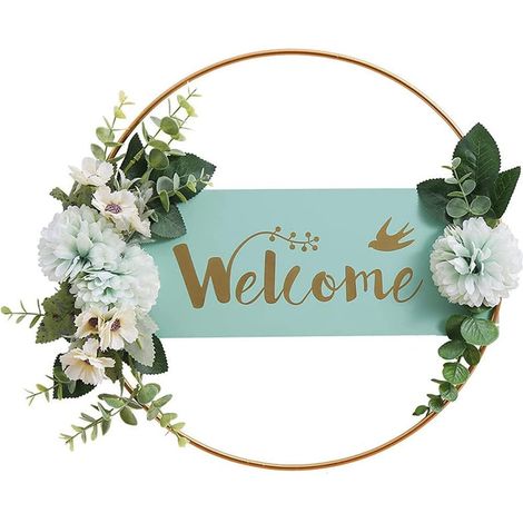 Couronne de porte « Bienvenue » (verte), couronne de fleurs de bienvenue en métal, (1/5)