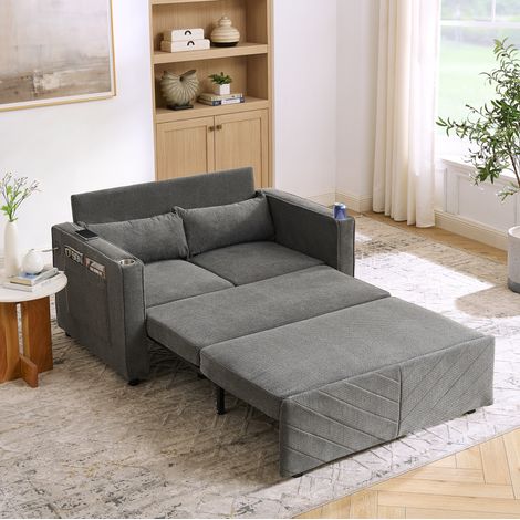Sofá cama 2 plazas gris oscuro en madera y tela con USB y sistema deslizante 3 en 1 (1/5)