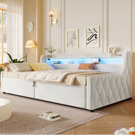 OKWISH Polsterbett 90x200 cm aus beigem Samt mit hydraulischem Stauraum und LED (1/5)