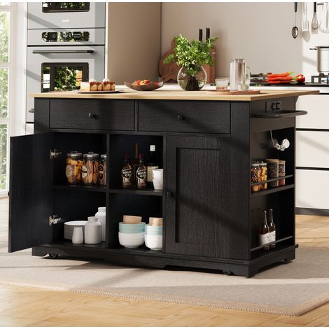 Carrello da cucina 151,5x85x92 cm con 2 ante, 2 cassetti, prese, vassoio pieghevole, portasciugamani, portaspezie, in MDF, nero (1/5)