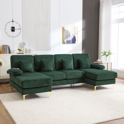 REDOM Canapé 4 places en forme de U avec éclairage d'ambiance LED et port USB-C structure en bois 4 coussins de luxe vert foncé (1/5)