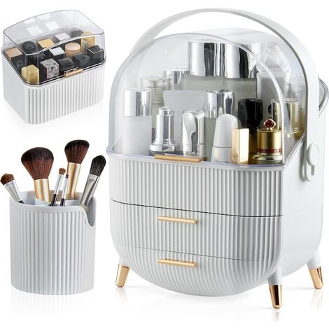 Kosmetik- und Schmuckorganizer, Stauraum mit 2 Schubladen, Vitrine, Pinsel- und Lippenstiftbox, multifunktional, weiß (1/5)