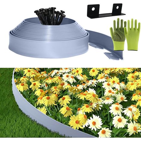 Bordure Jardin Exterieur, Bordure de Jardin Flexible Plastique 5cmx10m, Comprend 30 Pointes d'ancrage et 1 connecteurs Inclus, avec Une Paire de Gants, Bordures Jardin Décorative (Argenté, 5cmx10m) (1/5)