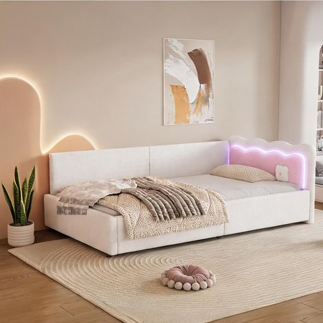Cadre de lit coloris blanc en velours 209 x 98 x 69 cm (1/5)