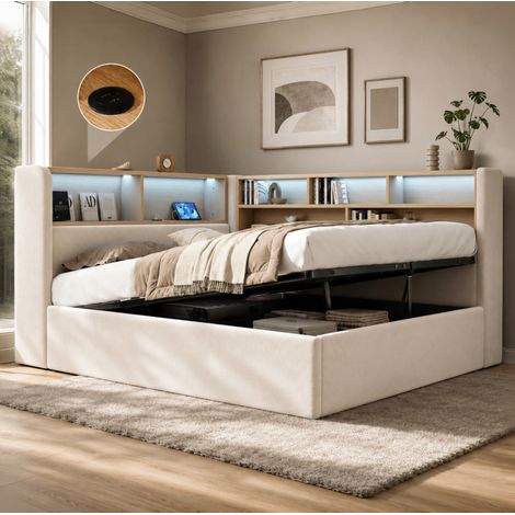 Cama sofá 140x200 cm convertible de terciopelo beige con LED, USB y USB-C, almacenamiento hidráulico y estantes laterales para dormitorio juvenil – CHICFURN (1/5)