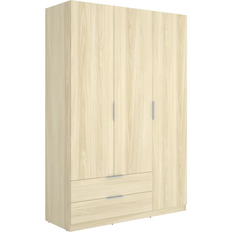 Armoire placard de rangement à 3 portes battantes et 2 tiroirs, coloris Chêne clair - Hauteur 203,5 x Longueur 136,6 x Profondeur 51,4 cm (1/5)