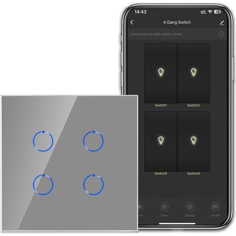 Interrupteur Smart Touch - Fonctionne avec - Interrupteur Wi-Fi encastré - Avec panneau en verre - Interrupteur mural quadruple en gris - Conducteur neutre nécessaire (1/5)