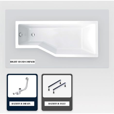 Asymmetrische Badewanne - 150 x 75 cm - Rechts - ohne Verkleidung - mit Füßen - Ablaufgarnitur Chrom - INTEGRA (1/5)