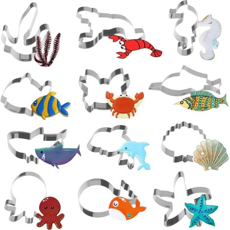 12 Stainless Steel Cookie Cutters, Marine Animal Biscuit Moulds (1/5)