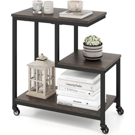 COSTWAY G-shaped Side Table 3-Tier Mobile End Table w/Open Shelves-Grey
