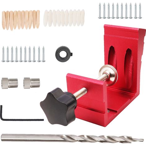 Set aus 46 robusten, präzisen, roten Aluminium-Winkelbohrlehren für die Holzbearbeitung mit Winkellochführung. (1/5)