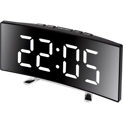 Reloj despertador digital con gran pantalla LED curva y superficie espejada. Apto para uso doméstico las 24 horas (blanco). (1/5)