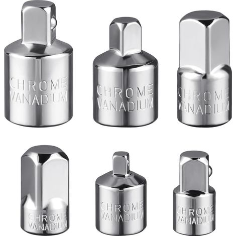 Un set di 6 adattatori per bussole, adattatori per chiavi a cricchetto da 1/2, 3/8 e 1/4.