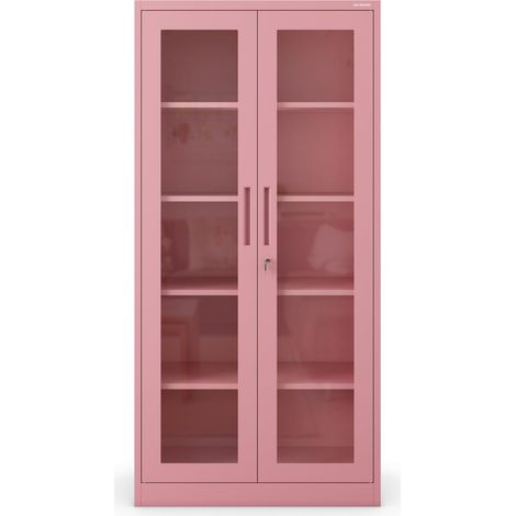 Armoire de Bureau Metallique 185 x 90 x 40 cm Etagères Réglables en Hauteur, 2 Clés Incluses Etagère en Acier Robuste avec Portes en Verre pour Le Rangement Rose Poudré (1/5)