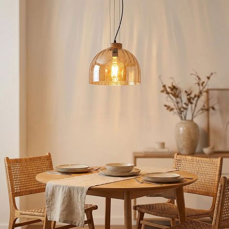 Suspension Lampe à suspendre Plafonnier noir mat verre ambre bois E27 H120cm