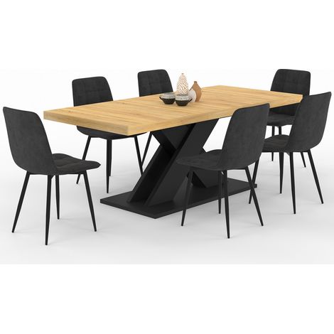Set ausziehbarer rechteckiger Esstisch ALICIA 6-10 Personen aus Holz und Schwarz und 6 Stühle MILA in schwarzem Samt (1/5)