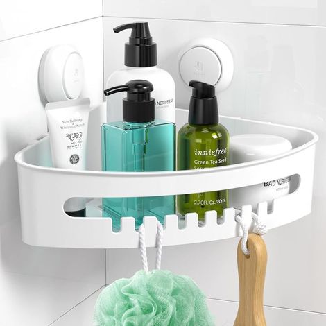 Étagère de douche d'angle blanche avec ventouse, sans perçage, amovible, pour salle de bain, cuisine, chambre, salon, panier triangulaire pour shampoing (1/5)