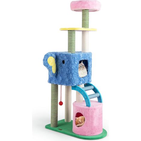 GOPLUS Arbre a Chat Forme Éléphant, Hauteur 154 CM, Arbre a Chat XXL à 5 Niveaux avec Lit Rembourré, Poteaux en Sisal, 2 Condos, Échelle, Balle Suspendue, Idéal pour Chatons d'Intérieur, Coloré (1/3)