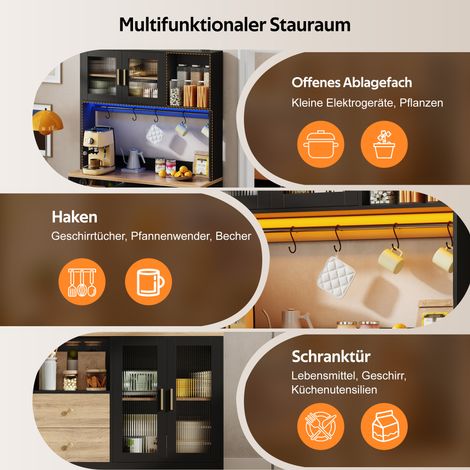 Meuble de cuisine haut 178 cm avec éclairage LED, armoire de rangement avec prise électrique, vitrine à portes en verre trempé, étagère à vin, noir avec plan de travail renforcé aspect bois (1/5)