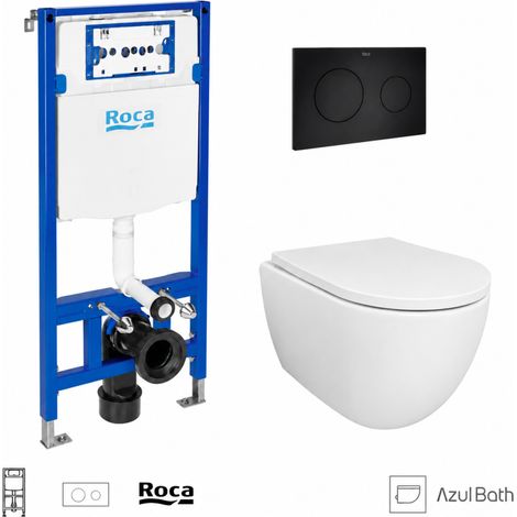 Pack WC Bastidor empotrado ROCA Duplo cisterna empotrada y pulsador PL10 negro mate con inodoro suspendido SWISS 53 cm Tornado y Soft-Close de Azul Bath (1/5)