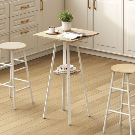 Table Haute de Cuisine Carrée avec Étagère pour 2 Personnes Pieds en Métal 55x55x95 cm Bois Naturel et Blanc