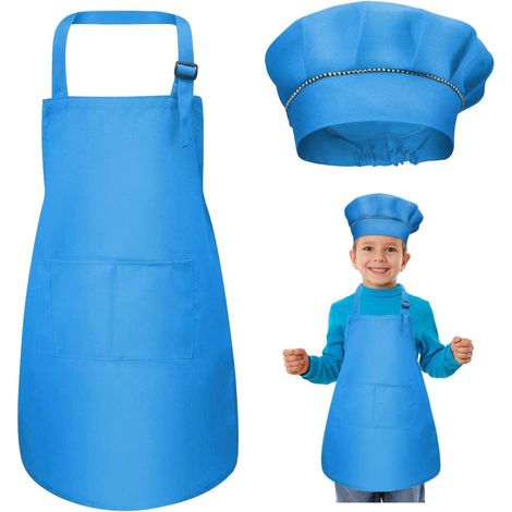 Tablier Enfant et Chapeau de Chef Set, Réglables Tabliers de Cuisine avec 2 Poches pour Filles Garçons, Bambin Tablier de Chef de Jardin pour Cuisson Peinture l'artisanat (7-13 Ans) (Bleu)-Fei Yu (1/5)