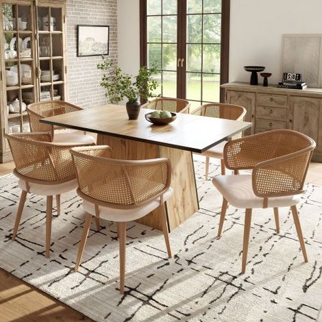 Lot de 6 Chaises Salle à Manger Dossier Rotin Respirant, Coussin Simili-Cuir PU Pieds Fer Imitation Bois Ergonomique Usage Domestique et Commercial (1/5)