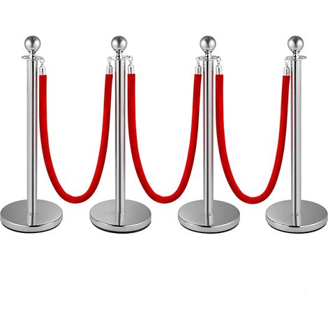 4PCS Poteaux de Guidage, Poteau de Séparation avec 1,5 m Corde en Velour Rouge, Brrière de Queue pour Contrôle de Foule pour Théâtre Hôtel Banque, Injection de sable Base Creuse (Argent) (1/5)