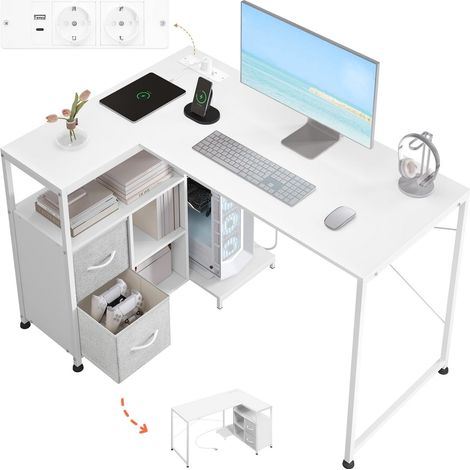 Woltu – Bureau d'angle 120x80 cm – Table informatique L avec étagère réversible – Multiprise 2 prises AC, 1 USB-A, 1 USB-C – Bois composite blanc