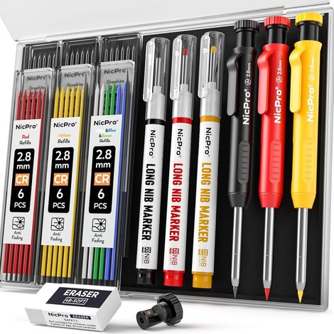 3 pièces CP1000 crayon chantier, portemines de charpentier avec 39 recharges, marqueurs à pointe longue pour trous profonds, pour la construction, crayon menuisier robustes (1/5)