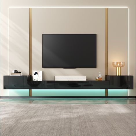 Mueble TV colgante negro brillo con LED multicolor, 245 x 30 x 26 cm (1/5)
