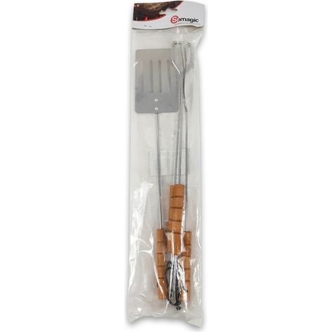 Lot de 3 - SOMAGIC - Accessoires de barbecue - Acier inoxydable et manches bois - Pince 42cm Spatule 40cm Fourchette 39cm - Réf 450240 V17 CDS - EAN 3292194502402 - Cordons de suspension et isolation (1/2)