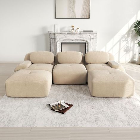 Canapé d'angle modulable en U velours côtelé beige 298x178 cm - mousse HR 32D, antidérapant, livré monté