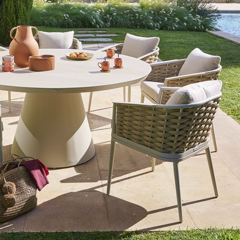 Hesperide – Lot de 2 fauteuils de jardin Yconia argile et beige – Structure aluminium – Dossier en cordage – Coussin déperlant et déhoussable