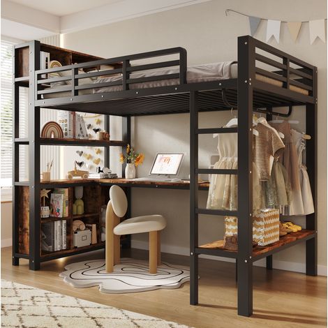 Hochbett 90x200 cm Schwarz aus MDF und Metall mit Schreibtisch, Kleiderstange, Regalen und Stauraum (1/5)