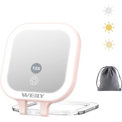 Miroir de Poche Lumineux, Miroir de Voyage Double Face Grossissant 1X/10x, avec 3 Lumières de Couleur et Rechargeable par USB, Miroir à Main Portable pour Le Maquillage (Rose) (1/5)