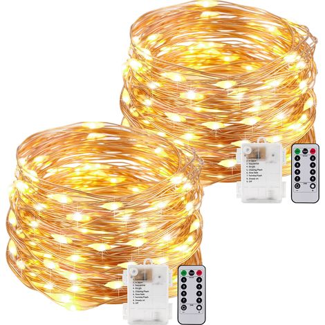[2er-Pack] 100 LED-Lichterkette, 10 m, 8 Modi, batteriebetrieben, Kupferdraht, wasserdicht, für den Innen- und Außenbereich, mit Fernbedienung und Timer für Schlafzimmer, Hochzeit, Weihnachten (Warmwe (1/5)