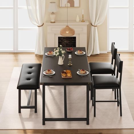 Ensemble de Salle à Manger 4 Pièces - Table avec 2 Chaises et Banc - Meubles en Bois et Métal pour Cuisine et Salle à Manger - Table 113 x 70 x 75cm,NOIR (1/4)
