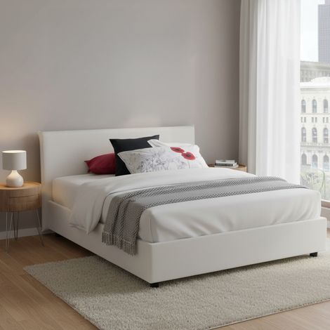 Dmora - Cama matrimonial Dacut, Cama contenedor con tapizado en ecopiel, 100% Made in Italy, Apertura frontal, con colchón Cm 140x190 incluido, Blanco (1/5)