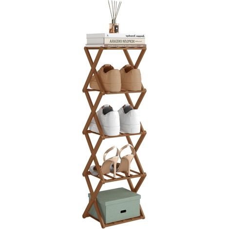 JF HOME BLISS Shoe Rack Foldable Bamboo Freestanding Shoe Organiser for Small Spaces Tall Stand No Assembly Slim Narrow Storage Shelf for Hallway Bedroom Entryway Corner (Brown, 5 Tier - Narrow) (1/5)