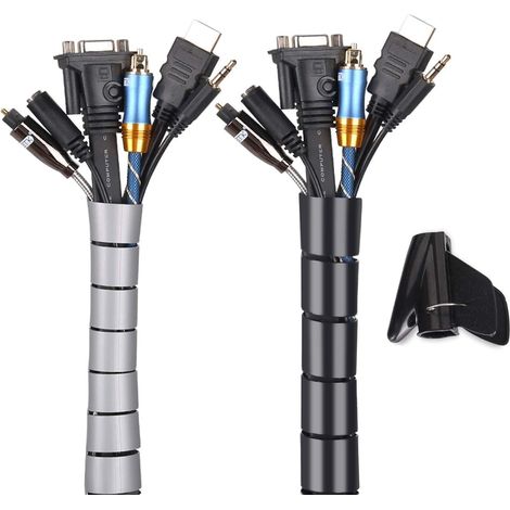 Cache Cable 2 Pack, Flexible Range Câble 2x1.5M PE Câble Rangement Organisateur de Câble pour Ranger ou Cacher les câbles, Gaine pour câbles (2.6cm Ø et 2.2cmØ),Noir et Gris (1/5)
