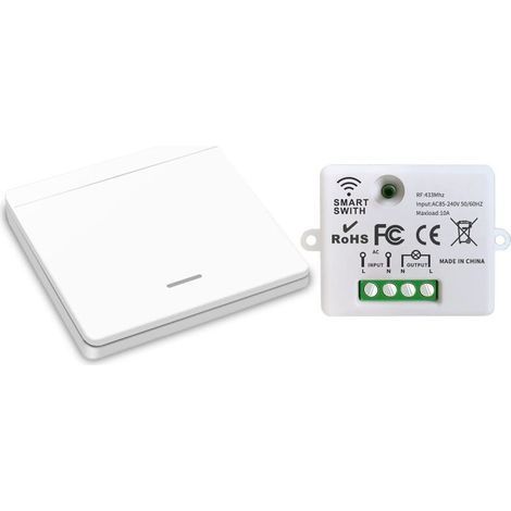 Interrupteur d'éclairage sans fil, interrupteur de sécurité de l'émetteur RF et contrôleur de récepteur 10A, installation facile pour lampe jusqu'à 1500W(1 récepteur et 1 interrupteur) (1/4)