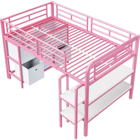 Lit mezzanine enfant en métal 90 x 200 cm rose avec rangement, escalier large, tiroirs et étagères (1/5)
