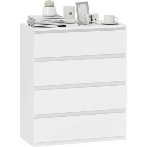 Commode 4 tiroirs, table de chevet transparente, intérieur, 80 x 39 x 95 cm, panneaux de particules blancs