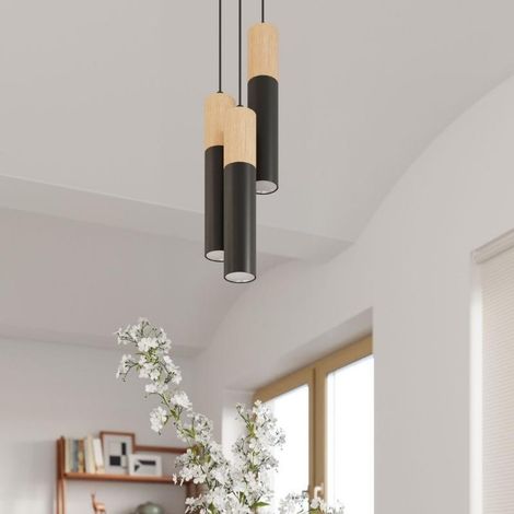 Suspension Design 3 Lampes Bois Noir Élégant pour Ampoules GU10 (1/5)
