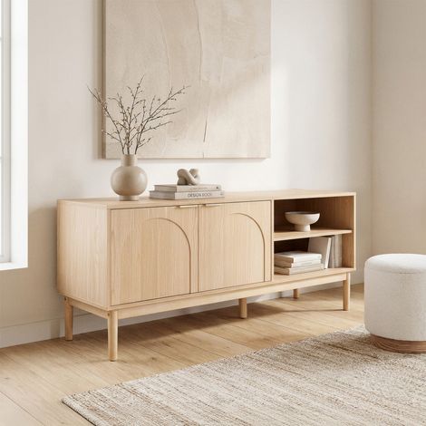 Meuble TV scandinave 140cm 2 portes, finition chêne NOLAN (1/4)