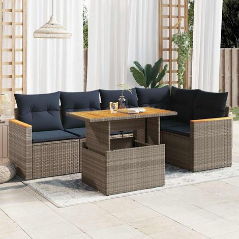 Ensemble Salon Jardin 6 Pièces Gris Résine Tressée avec Coussins Bleu Marine, Table Réglable et Rangement Intégré - Set Complet Canapé, Fauteuils et Table Basse (1/5)