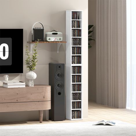 Juego de 2 estanterías de columna, armario para CD/DVD, 12 compartimentos, 21 x 22,5 x 88,5 cm, capacidad para 204 CD, blanco