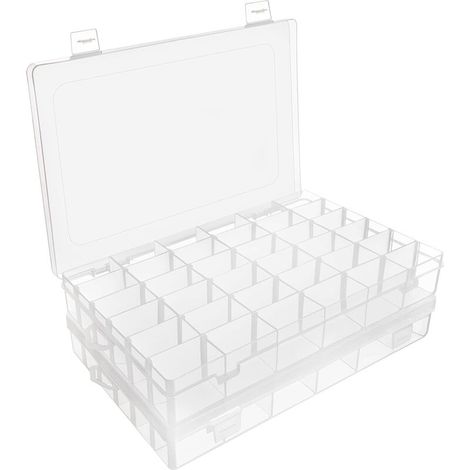 Set of 2 Clear Plastic Compartment Boxes - 27.3 x 17.6 x 4.3 cm - Plastic Storage Box with 36 Adjustable Compartments - Jewelry, Beads & Crafts Storage Box